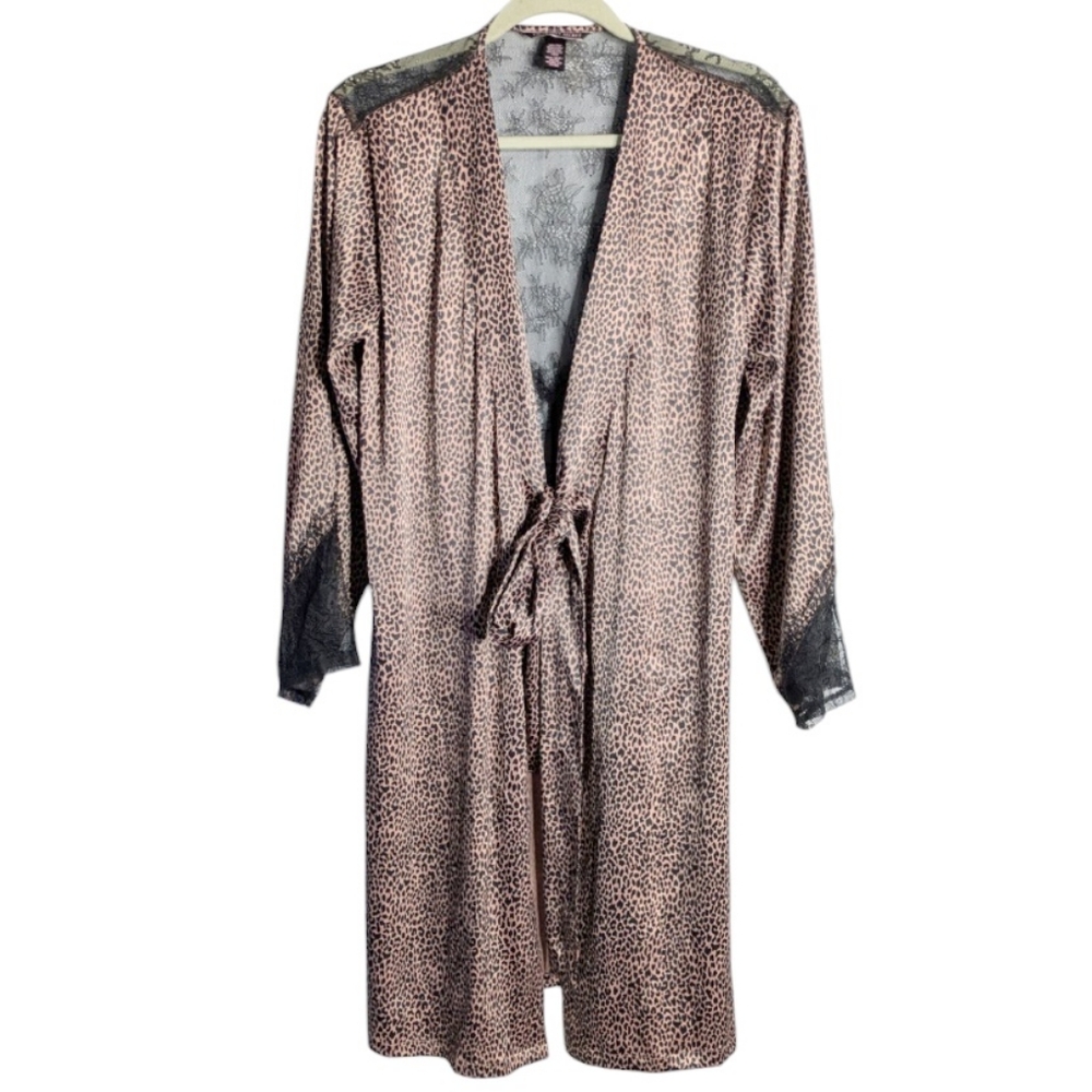 Victoria's Secret Satin Cheetah Print Black Lace Kimono Robe